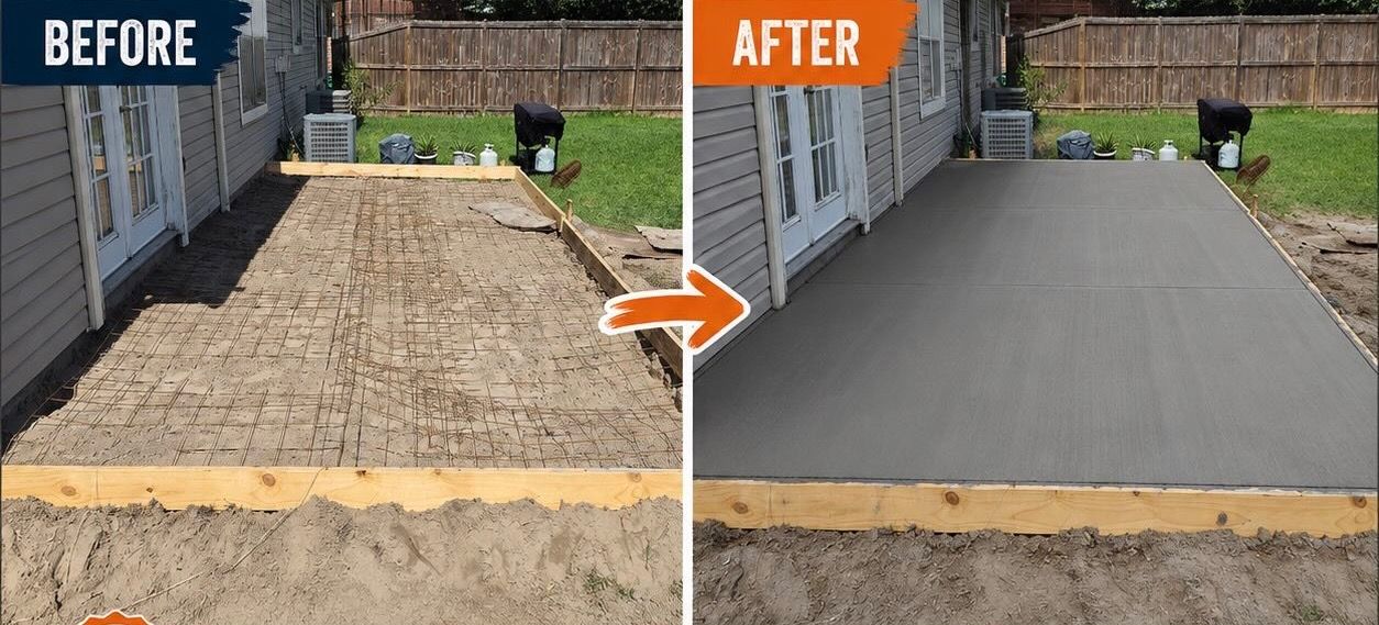 Before and after of a backyard slab, from bare base to finished concrete